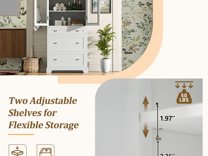 Freestanding Tall Bathroom Cabinet With Adjustable Shelves, Drawers, Soft Close Glass Doors