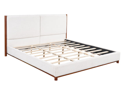 King Upholstered Bed Frame, No Box Spring Needed - Walnut / White