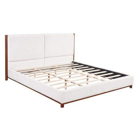 King Upholstered Bed Frame, No Box Spring Needed - Walnut / White