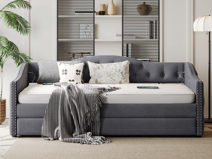 Twin Size Upholstered Daybed With Trundle And USB Charging Design For Bedroom - Gray