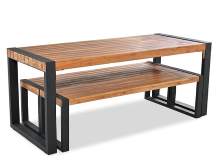 3 Pieces Outdoor Dining Table With 2 Benches, Patio Dining Set With Unique Top Texture, Acacia Wood Top & Steel Frame, All Weather Use, For Outdoor & Indoor - Natural