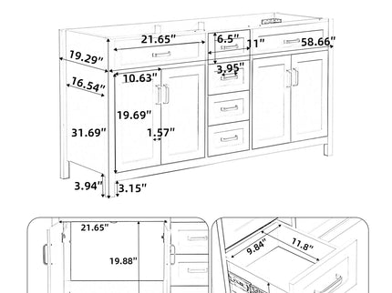 Bathroom Vanity Cabinet Only, Soft Close Doors & Drawers, 4 Drawers & 2 Double Door Cabinets - White