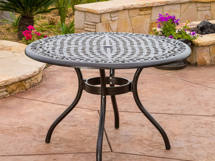 Tranquilius - Outdoor Round Dining Table With Lattice Tabletop, Umbrella Hole And Curved Legs