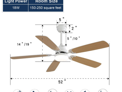 52" Ceiling Fan With LED Light, 6 Speed Remote Control, Reversible DC Motor