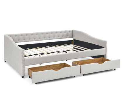 Upholstered Tufted Daybed With Drawers, Waved Arms