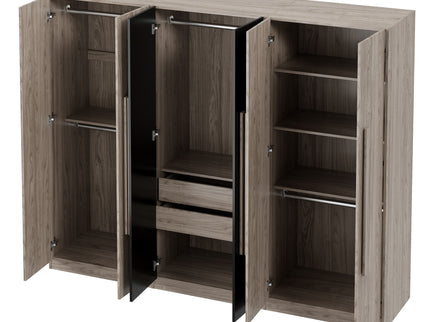 6 Doors Wardrobe Storage For Bedroom, With 2 Drawers Inside - Black / Nature
