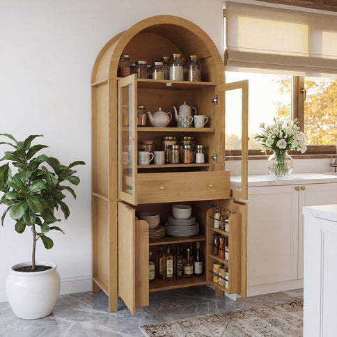 Fluted Tall Arched Pantry Cabinet With Adjustable Shelves