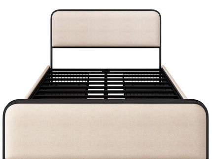 Modern Bed With Curved Upholstered Headboard And Footboard, Heavy Duty Metal Slats