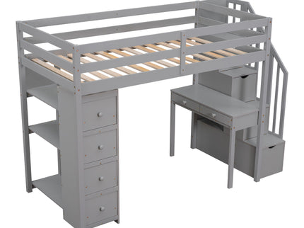 Loft Bed With Storage Drawers, Desk And Stairs With Shelves