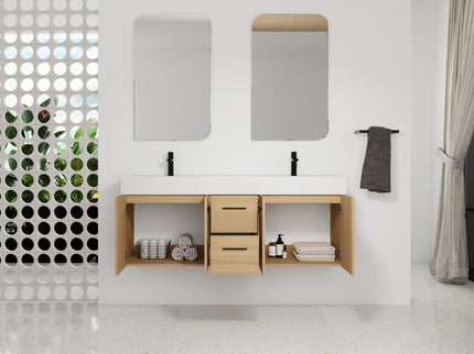 Floating Double Sink Bathroom Vanity With Drawers And Doors, Extra Large Storage, Integrated Sink, Soft Close Hardware - Glossy White / Light Oak