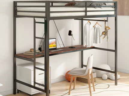 Adam - Twin Loft Bunk Bed With Cinnamon Wood Desk And Closet Rod - Black