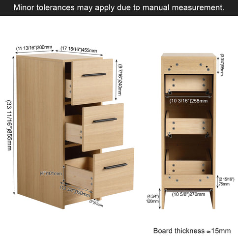 Slim Freestanding Bathroom Storage Cabinet, 3 Drawers - Light Oak
