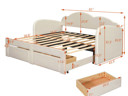 Upholstered Daybed With Cloud-Shaped Backrest, Trundle & 2 Drawers And USB Ports