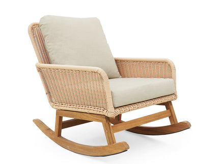 Modern 3 Piece Outdoor Seating Set With Cushioned Rattan Rocking Chairs And Wooden Accent Table