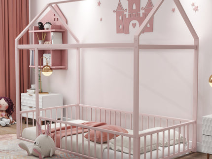 Metal Bed House Bed Frame With Fence