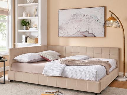 Mid-Century Storage Upholstered Tufted Bed Frame With Backrest And Armrests