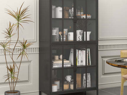Premium Metal Storage Cabinet With Tempered Glass Doors, Adjustable Shelves, And Anti Tipping Device - Black