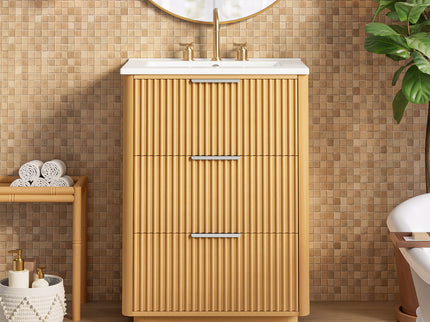 Bathroom Vanity With Sink, Open Shelf & Closed Storage - Natural Wood