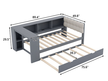 Upholstered Headboard Platform Bed With Storage Shelves, Trundle, Charging Station