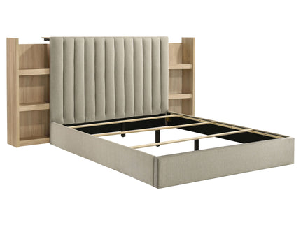 Merritt - Queen Bookcase Storage Bed With Tufted Headboard - Light Oak / Light Tan