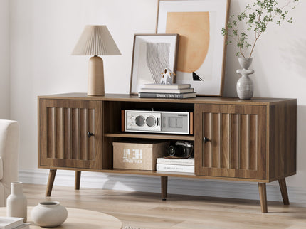 55" TV Cabinet With Vertical Groove Doors, Adjustable Shelves - Walnut