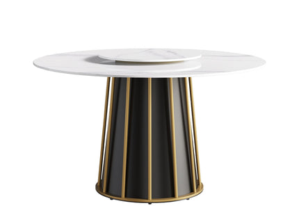 53.15" Modern Artificial Stone Round Panel Metal Iron Base Dining Table, Can Accommodate 6 People-23.62" Artificial Stone Turntable (Not Including Chairs) - White / Black