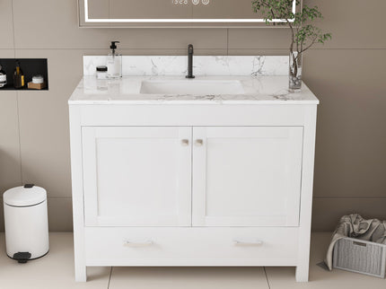 43" Bathroom Vanity With Artificial Marble Carrara Top Set, Multi Functional Cabinet With Doors And Drawer - White