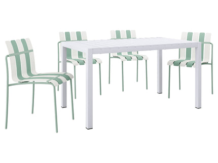 4 Piece Set Of Striped Color Blocking Single Chairs With Long Table - Cream White / Haze Green / White