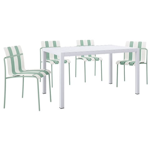 4 Piece Set Of Striped Color Blocking Single Chairs With Long Table - Cream White / Haze Green / White
