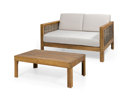 Outdoor Patio Set With Coffee Table And Loveseat - Teak / Beige