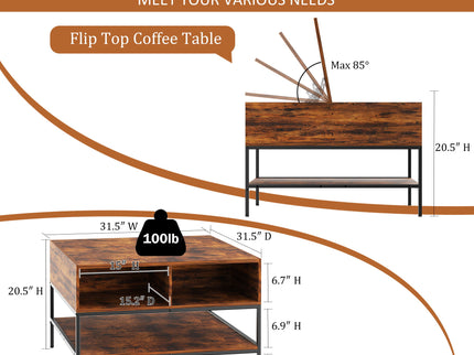 Rustic Flip Top Coffee Table With Hidden Storage - Black / Brown