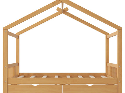 House Style Platform Bed With Headboard, Footboard, 2 Drawers, And Roof Design