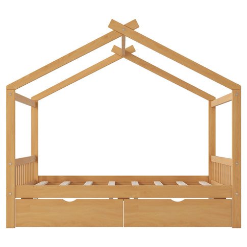 House Style Platform Bed With Headboard, Footboard, 2 Drawers, And Roof Design