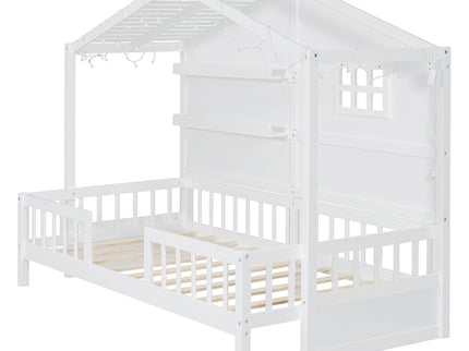 House Bed With Shelves, Window And Sparkling Light Strip On The Roof