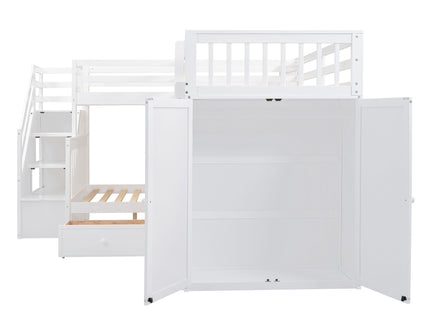 L Shaped Bunk Bed With 3 Drawers, Portable Desk And Wardrobe