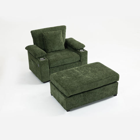 Modern Oversized Chair With Ottoman, Cupholders And USB Charging Ports