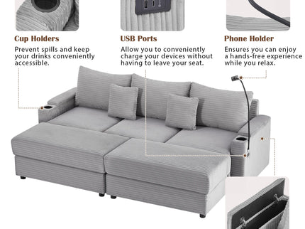 Modern Style Loveseat Sofa Sectional Sofa Couch With Storage Space, A Movable Ottoman, Two USB Ports, Two Cup Holders, A Phone Holder For Living Room