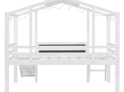 Loft House Bed With Ladder And Slide, With board And Light Strip On The Roof