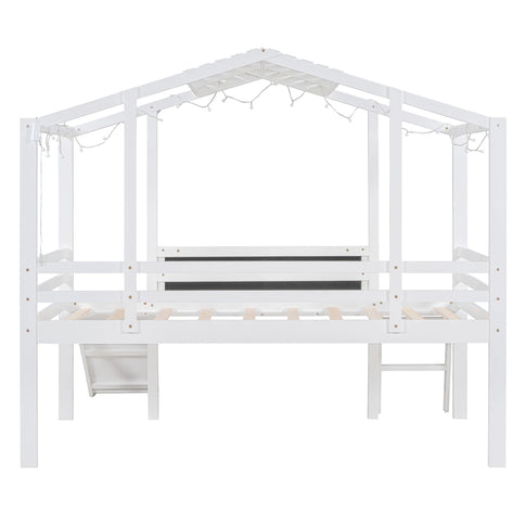 Loft House Bed With Ladder And Slide, With board And Light Strip On The Roof