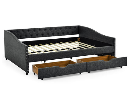 Upholstered Tufted Daybed With 2 Drawers, Waved Arms