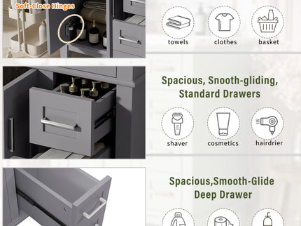 Modern Bathroom Vanity With Sink, Storage Cabinet, Soft Close Doors, Deep & Standard Drawers