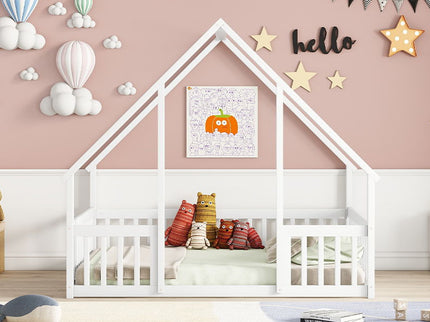 Wood House-Shaped Floor Bed With Fence, Guardrails