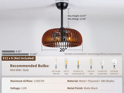 Pumpkin Ceiling Fan, Fandelier With 6 E12 Sockets, Reversible DC Motor, Adjustable Hanging, 6 Speeds Remote Control - Black