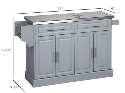 Homcom - Rolling Kitchen Island With Storage, Portable Kitchen Cart With Stainless Steel Top, 2 Drawers, Spice, Knife And Towel Rack And Cabinets