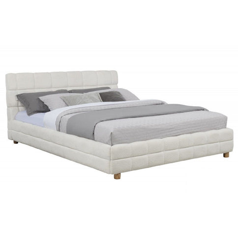 Modern Platform Bed With Upholstered Grid-Patterned Headboard