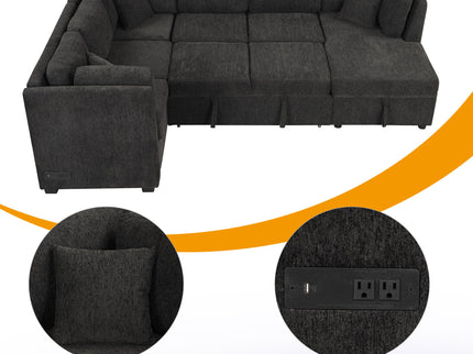 U-Shaped Sectional Sofa Pull Out Sofa Bed With Two USB Ports, Two Power Sockets, Three Back Pillows And A Storage Chaise For Living Room