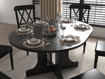 Dining Table For Farmhouse Kitchen Expandable Oval Table Top With Removable Leaf Trestle X Shaped Base - Black