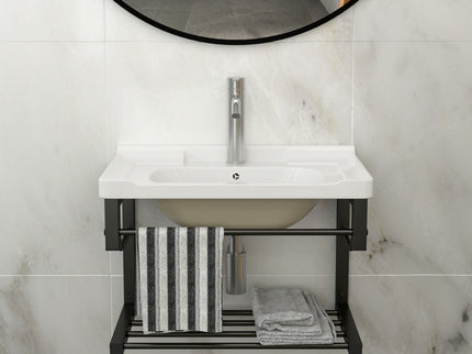 Wall Mounted Rectangular Bathroom Sink With Towel Bar & Overflow - White