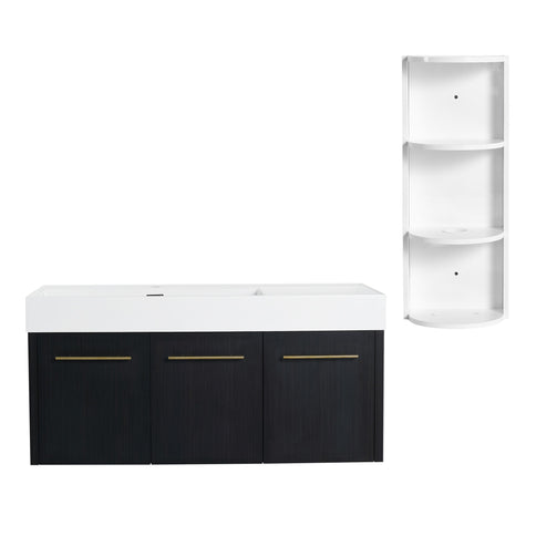 Modern Chestnut Wall Mounted Bathroom Vanity With Left Resin Sink And Storage Rack - Black Chestnut