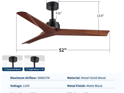 Ceiling Fan Without Light, DC Motor, No Light, Quiet Reversible Ceiling Fan For Living Room - Black